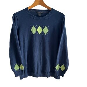 🧵Preswick & Moore Women Cotton Argyle Sweater Kangaroo Pocket Blue & Lime Green